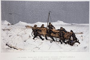 Près de la rivière, Golfe du Saint-Laurent : bateau sur un traîneau, près de Brule et du Cap Tormentin - dans "Sketches of canadian sports and pastimes" de Lieut. Henry Buckton Laurence - Unknown artist