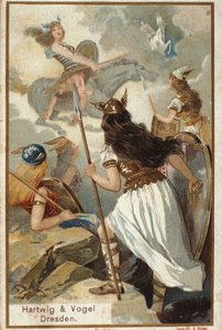 Mythologie nordique : Les Walkyries (vierges guerrières) à Valholl (ou Walhalla, Valhalla, Valhalle : lieu où sont amenés les guerriers courageux) et la chute des guerriers au combat. Chromolithographie du 19e siècle - Unknown artist