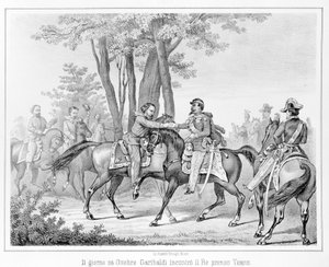 Le 26 octobre 1860, Giuseppe Garibaldi rencontre le roi Victor Emmanuel II près de Teano. Gravure du 19ème siècle