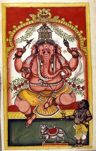 Page représentant la divinité hindoue Ganesha (Ganesh ou Ganapati), patron des commerçants, voyageurs et voleurs. Page tirée du manuscrit (ms.8300) « Histoire du Mogol » (Moghul ou Moghol) par Stefano Nivibus Cardeira. 18ème siècle. Biblioteca Marciana, Ve