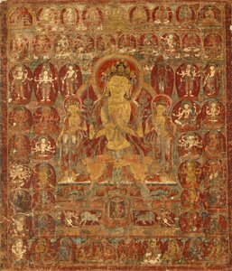Bannière peinte (Thangka) du Bodhisattva Manjushri avec Vajrapani (à droite) et Padmapani (à gauche)