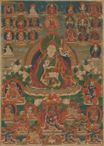 Bannière peinte (Thangka) du Sage Guru Padmasambhava assis tenant un éclair (Vajra) et une coupe crânienne (Kapala)