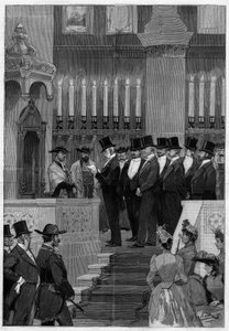 Paris 1890 : Installation de Zadoc Kahn (1839-1905) grand rabbin de France. Monsieur Alphonse de Rothschild (1827-1905) lisant l