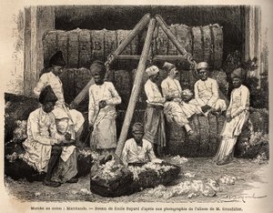 Marchands et commerçants parsis au marché du coton de Bombay. Gravure pour illustrer le voyage dans les provinces méridionales de l