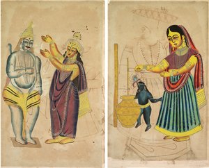 Parvati plaçant une guirlande de mariage sur Shiva (recto); Yasoda barattant du beurre (verso) - Unknown artist