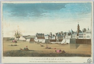 Spectacle de rue, Vue perspective de la ville de Cadix du côté du port - Unknown artist