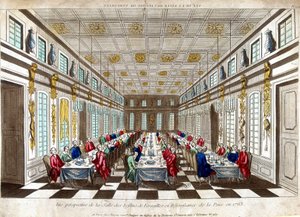 Vue perspective de la Salle des Festins de Versailles en célébration de la paix en 1763 entre la Grande-Bretagne, la France et l