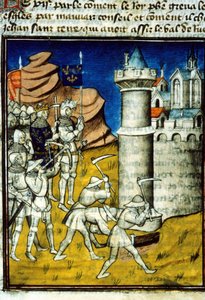 Philippe II Auguste (1165-1223) à Chinon - Miniature dans les Grandes Chroniques de Saint-Denis, fin du XIVe siècle. (ref. 512, 237r) Demande d