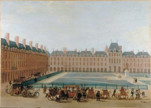 Place Royale, vers 1660; passage du carrosse du Roi. Actuelle Place des Vosges, 4ème arrondissement, vers 1655-1665 - Unknown artist