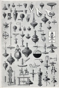 Planche montrant une collection de toupies avec différentes formes et systèmes de rotation. Gravure dans « La Nature »