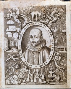 Portrait de Giambattista (Jean-Baptiste, Jean-Baptiste) della Porta (1535 - 1615) sur la page de titre de « Magiae Naturalis ». XVIIe siècle. - Unknown artist