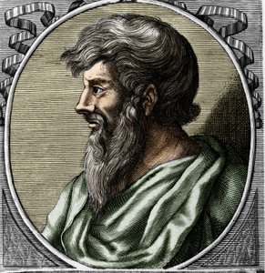 Portrait de Pythagore (ca. 570 - vers 480 av. J.-C.), mathématicien et philosophe grec. Gravure du XVIIIe siècle