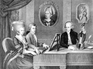 Portrait de Wolfgang Amadeus Mozart (1756 - 1791) entre son père et sa mère. Lithographie du 19ème siècle. - Unknown artist