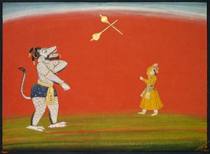Pradyumna et Samvara se battent avec des masses : Feuille du "Grand Basohli Bhagavata Purana"