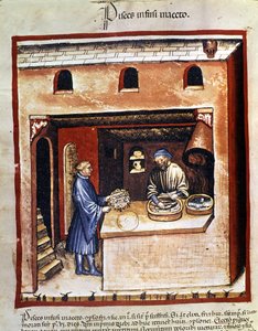 Préparation de poissons marins au vinaigre. Enluminure du « Tacuinum sanitatis »