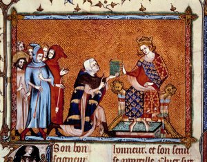 Présentation du livre : Jean de Joinville (1224-1317) offre son livre à Louis roi de Navarre futur Louis X le Hutin. Miniature dans « Vie de Saint Louis » - Unknown artist