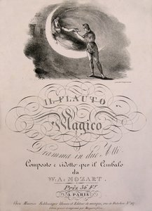 Le prince Tamino reçoit la flûte enchantée de la Reine de la Nuit, illustration de couverture du livre de partition de « La flûte enchantée » (Die Zauberflöte) (1791) de W.A. Mozart (1756-1792). Collection Leonard de Selva. - Unknown artist