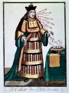 Profession : "la robe du médecin" Un homme portant les livres de Galien, Avicenne désignant un bassin contenant un liquide, une prescription et citant des traitements. Gravure du 18ème siècle Paris, Musée Carnavalet - Unknown artist