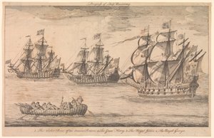 Progrès de la construction navale. 1. Le bateau en osier des anciens Bretons 2. Le Great Harry 3. Le Royal James 4. Le Royal George - Unknown artist