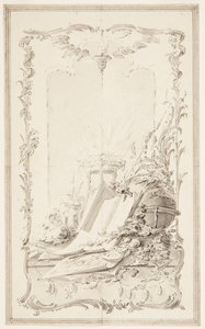 Projet pour illustration de livre ; Un panneau avec attributs des sciences et d