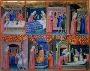 Psaume 88 : Charité. Femme servant deux pauvres à table, visitant un malade, donnant à boire à deux prisonniers, accueillant des voyageurs, donnant des vêtements, achetant des captifs et enterrant un mort. Miniature dans le Psautier de Canterbury (f.156v), - Unknown artist