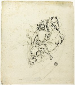 Putto couronné de laurier, sur un cheval cabré