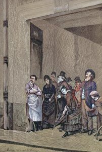 Temps pluvieux, des gens sous un toit attendant que la pluie cesse - Unknown artist