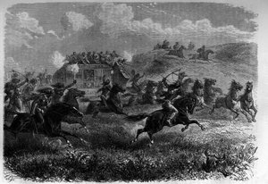 Cavaliers peaux-rouges attaquant une diligence dans la prairie. Gravure dans « Le Journal de la Jeunesse ». - Unknown artist