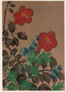Fleurs rouges et bleues et feuillage - Unknown artist