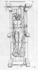 Réduction des fractures : un homme est fixé sur une civière, son bras cassé est étiré entre les deux axes. Planche illustrée de "De dissectione partium corporis humani libri tres..." par Carlo Stefano Riverio, Paris 1545 - Unknown artist