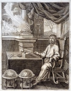 René Descartes (1596 - 1650) dans son bureau avec du matériel scientifique. Gravure du 17ème siècle - Unknown artist
