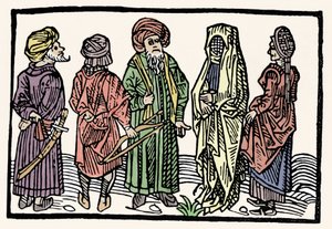 Représentation du sarrasin. Hommes avec des bras aux têtes entrelacées et femmes voilées. Xylographie du 15ème siècle - Unknown artist