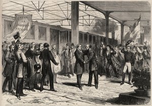 Révolution de septembre 1868 en Espagne (Gloriosa) : arrivée de Salustiano Olozaga (1805-1873) à Madrid. Gravure dans "L