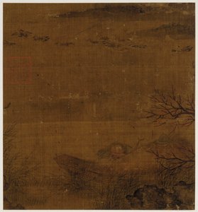 Scène de rivière : un homme endormi dans un bateau - des canards nageant à proximité - Unknown artist