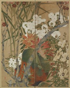 Roche, jeunes arbres et fleurs d