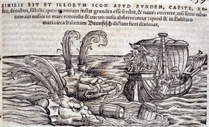 Des marins jettent des tonneaux à la mer pour distraire les monstres en poursuite. Gravure dans « Historia Animalium » de Conrad Gesner