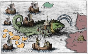 Saint Brendan (Brandan), héros et saint irlandais du VIe siècle, célébrant la messe sur le dos de la baleine géante Jasconius. La légende dit que son bateau était porté sur le dos d