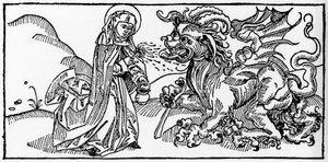 Sainte Marthe et la Tarasque - Gravure de « Leben der Heiligen - sommerteil » (Le livre des saints) par Jacobus (Jacques) de Voragine (1228-1298). Lübeck 1488 - Unknown artist