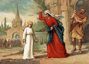 Sainte Geneviève (422-502), patronne de Paris, maltraitée par sa mère. Chromolithographie vers 1890 - Unknown artist