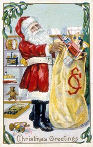 Père Noël préparant des cadeaux - Carte de Noël. Carte de vœux américaine sd. fin du XIXe siècle.