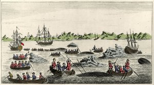 Scène de pêche à la baleine au Groenland au 18ème siècle, estampe populaire anonyme de l