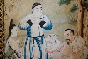 Scènes de la vie quotidienne en Chine (détail du papier peint chinois, cabinet chinois, résidence de chasse, par Filippo Juvarra, Stupinigi, Piémont, Italie)