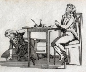 Écoliers à une table avec encrier. Gravure fin XVIIIe siècle. Collection privée.