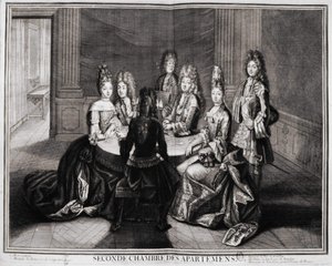 Deuxième salle des appartements (Versailles) : 1. Monseigneur, 2. Madame Princesse de Conti Douairière, 3. Monsieur le Duc de Bourbon, 4. Madame la Duchesse de Bourbon, 5. Monsieur de Vendôme, Grand Prieur de France. Gravure de Trouvain, début XVIIIe siècl - Unknown artist