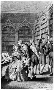 Scène de séduction dans une bibliothèque au 18ème siècle