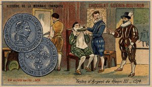 Série Histoire de la Monnaie Française publiée par Chocolat Guérin Boutron. Chromolithographie du 19ème siècle. Teston d