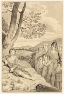 Garçon berger avec troupeau, observé par guerrier, femmes et enfants - Unknown artist