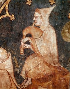 Berger soufflant dans une cornemuse (détail). Fresque du XIVe siècle. D