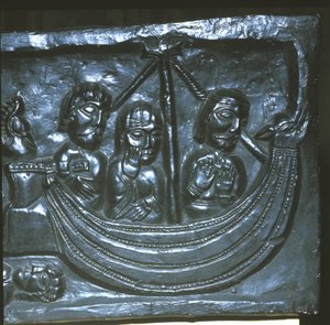 Navire au 12ème siècle. Détail de la cathédrale de Winchester. Première représentation connue d
