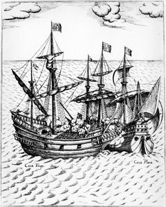 « Golden Hind » de Sir Francis Drake (1540-1596) capturant le navire espagnol « Nuestra Señora de Concepción », connu sous le nom de « Cacafuego » en 1579, au large de l